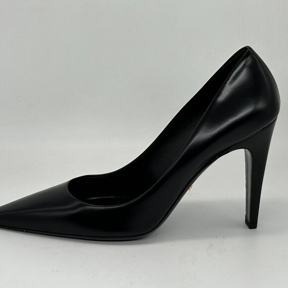 PRADA Triangle Show Leather Pointed Toe Pumps Heels Shoes Black - Picture 4 of 15